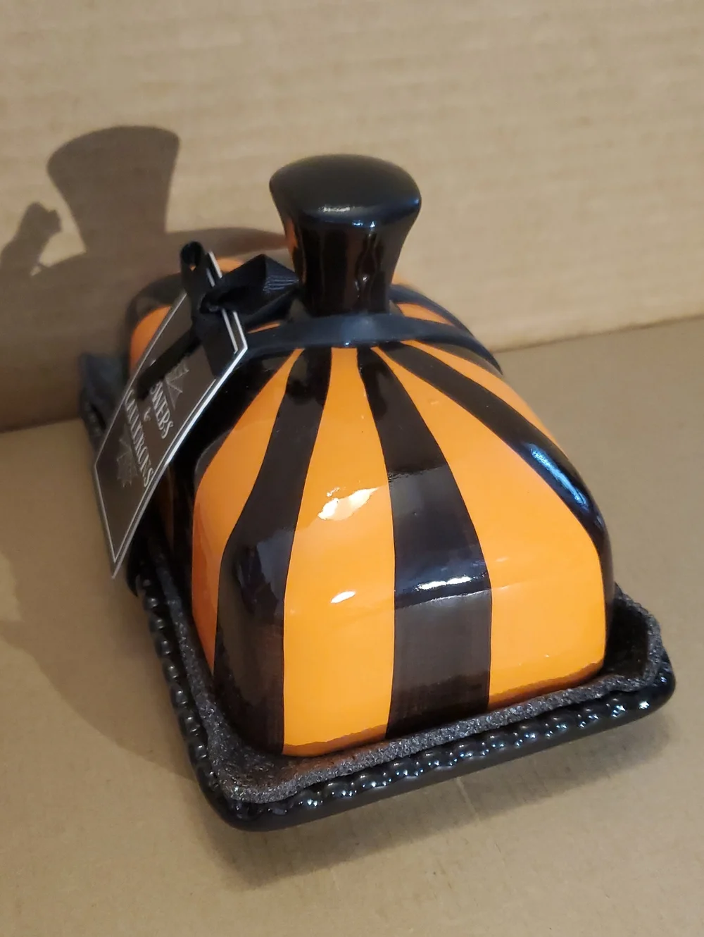 Cobwebs & Cauldrons Black and Orange Striped Butter Dish